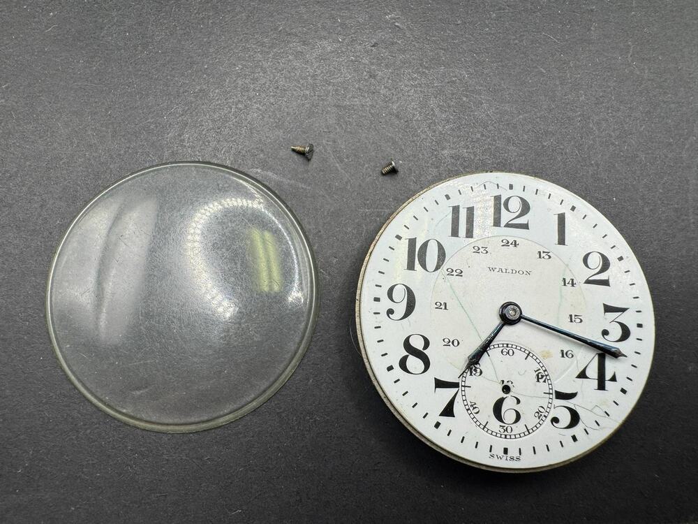 Vintage Waldon Swiss Pocket Watch Movement Parts Dial Hands Glass Crystal Repair
